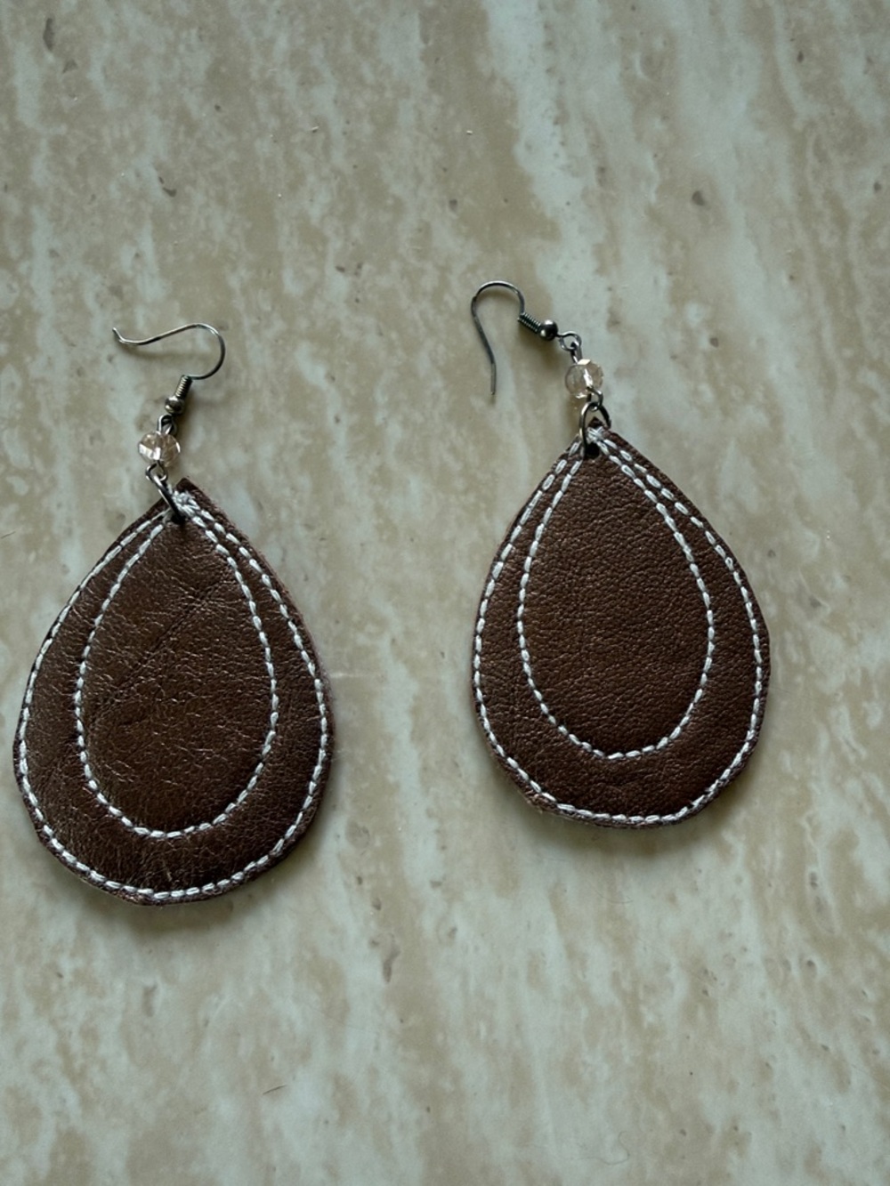 Designer-Style Brown Teardrop Earrings with Monogram Accent - Picture 2 of 2